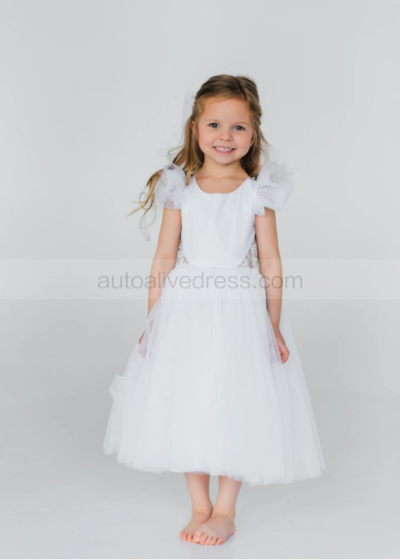 Beaded Ivory Lace Tulle Sheer Back Flower Girl Dress